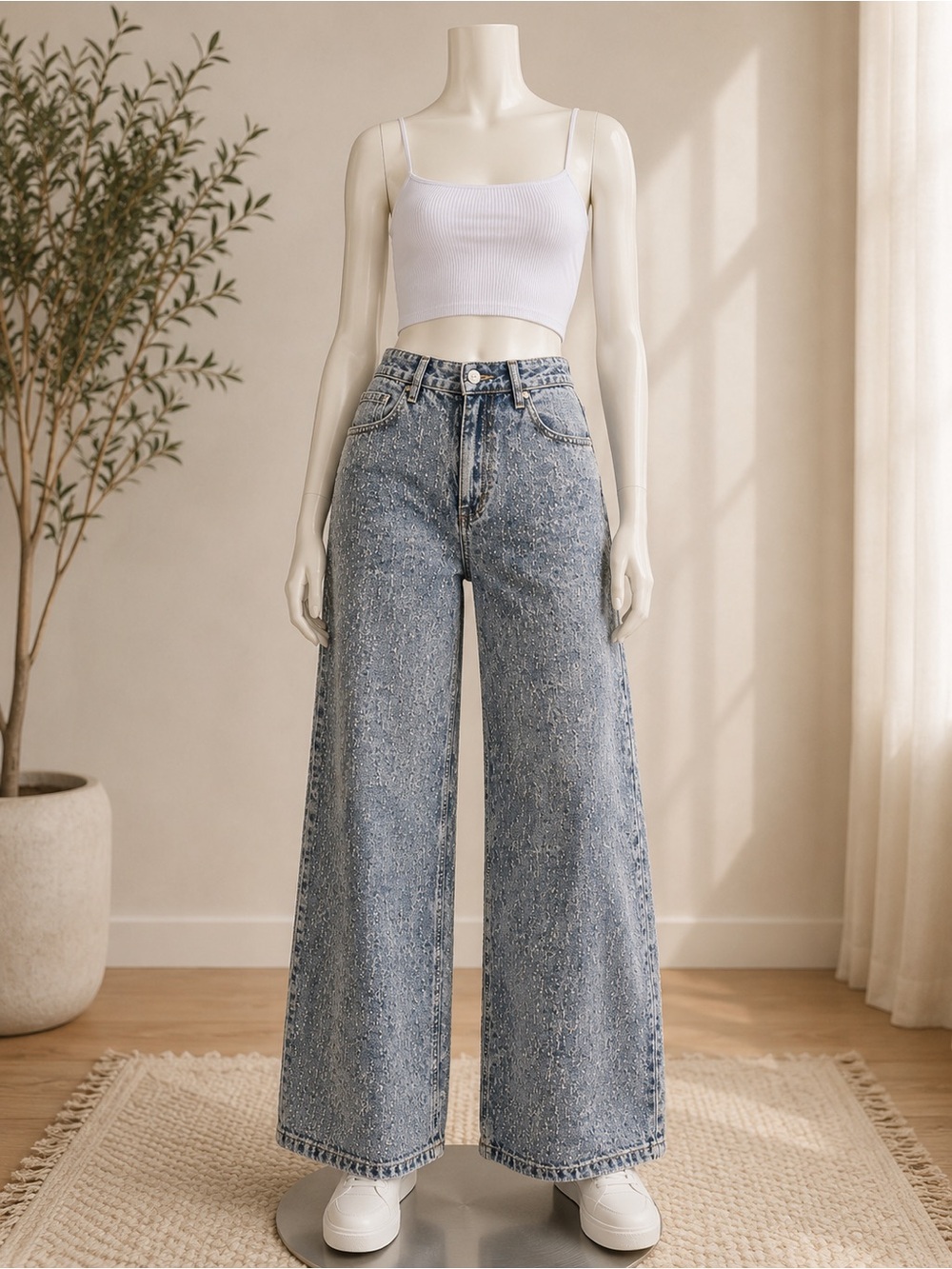 Textured Wide Leg Denim Jeans – Vintage Wash